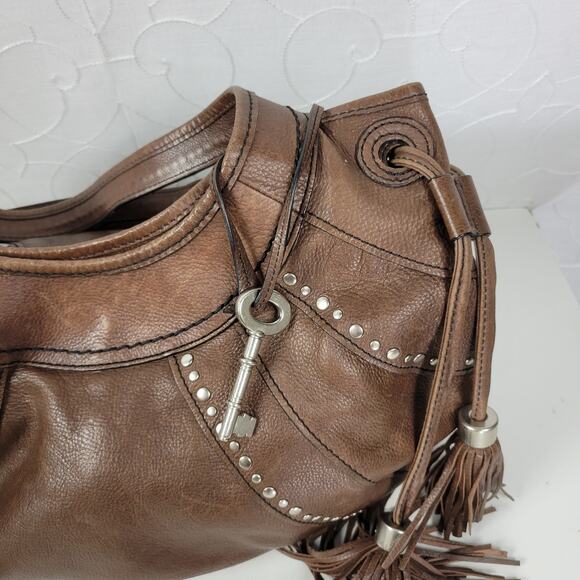 Fossil Fifty Four Womens Shoulder Bag Brown Leather Tassels Studded Hobo Western - Picture 12 of 13